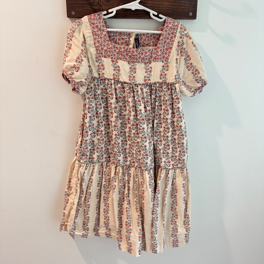 Sergent Major Girls Floral Linen Cotton Tiered Dress Cream Red Blue Size 11